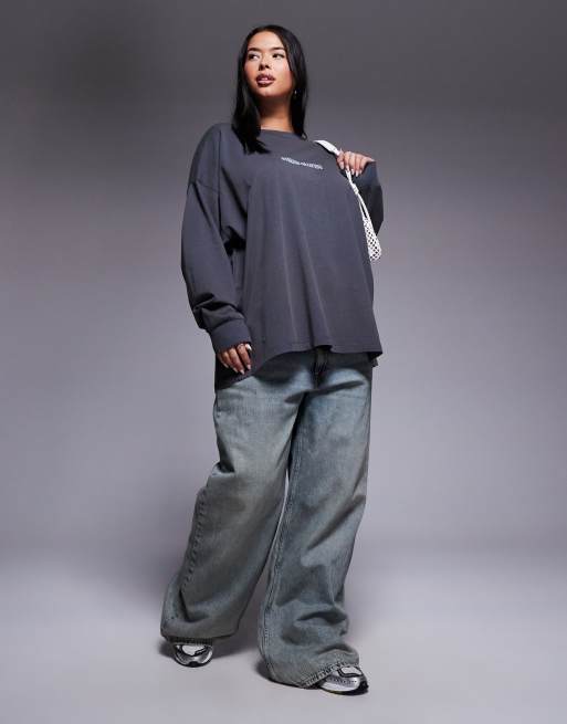 Weekend Collective Curve Icon oversized long sleeve T-shirt with stacked back logo in washed black