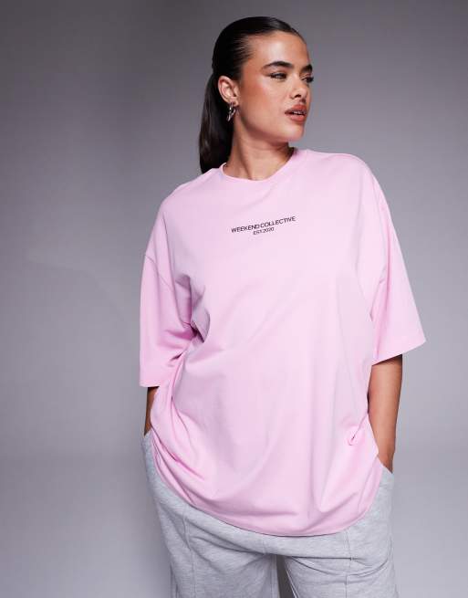 Weekend Collective Curve Icon oversized T-shirt with bold font back graphic in pink, 2 of 4