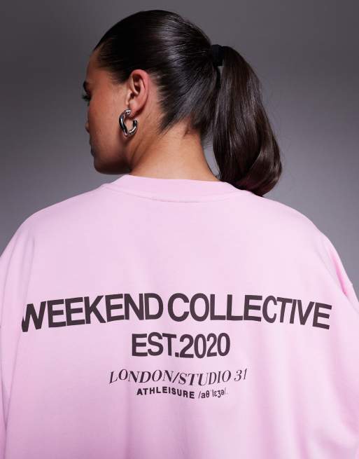 Weekend Collective Curve Icon oversized T-shirt with bold font back graphic in pink, 3 of 4