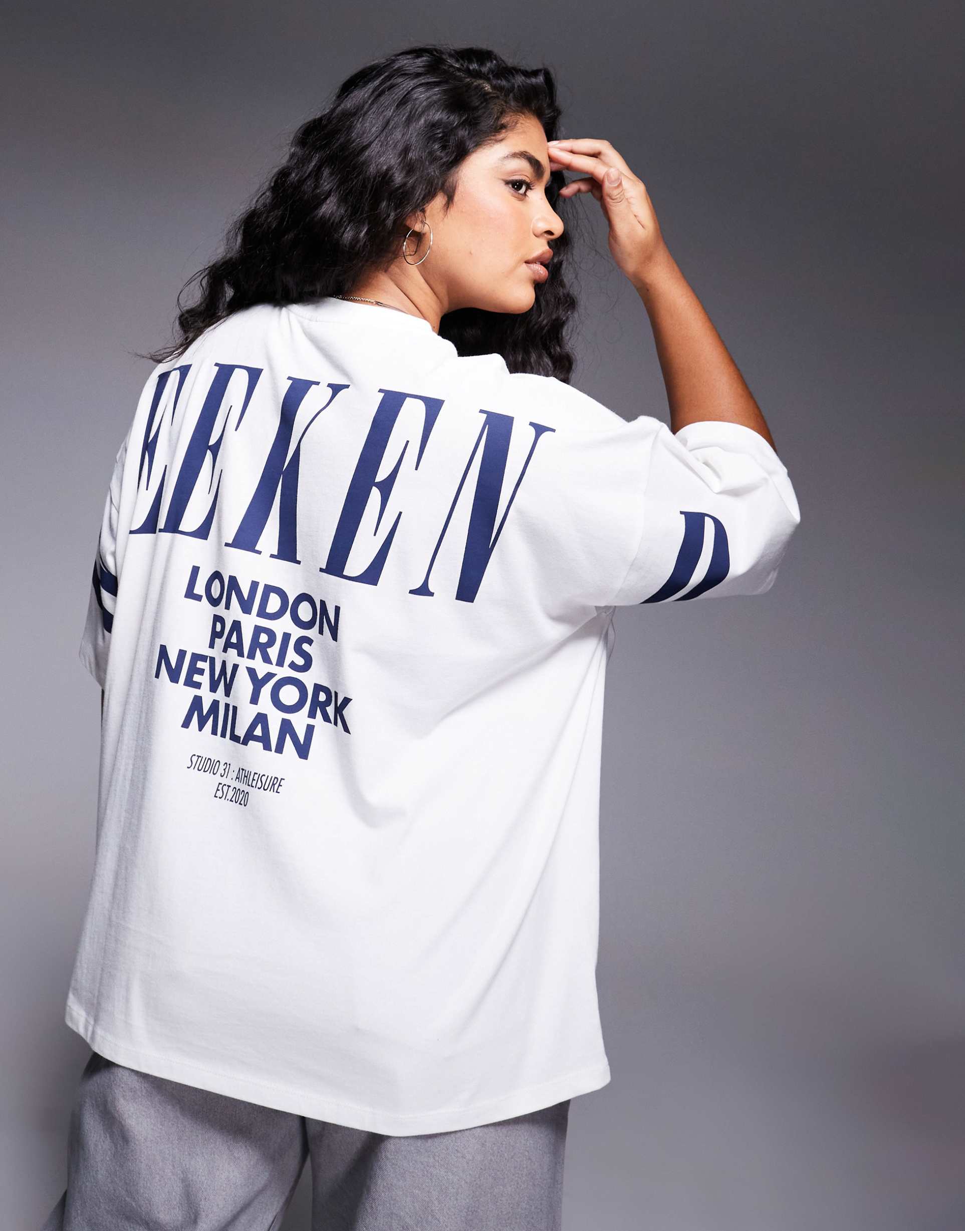 weekend collective curve icon oversized t-shirt with navy stacked back logo in ecru