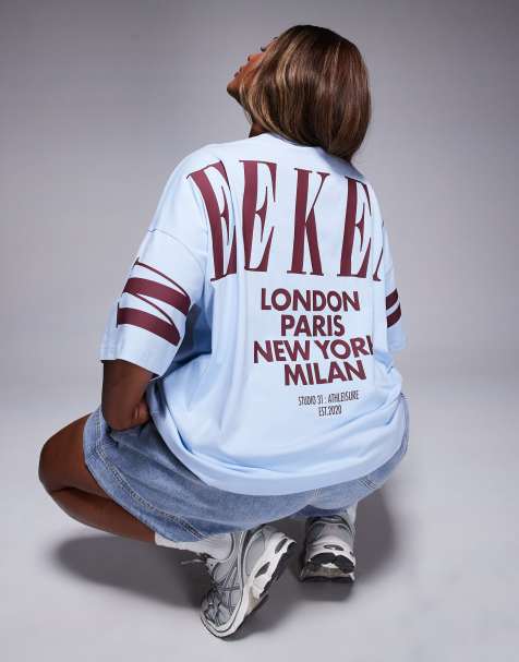 Weekend Collective Curve Icon oversized t-shirt with stacked back logo in blue and burgundy - view 1