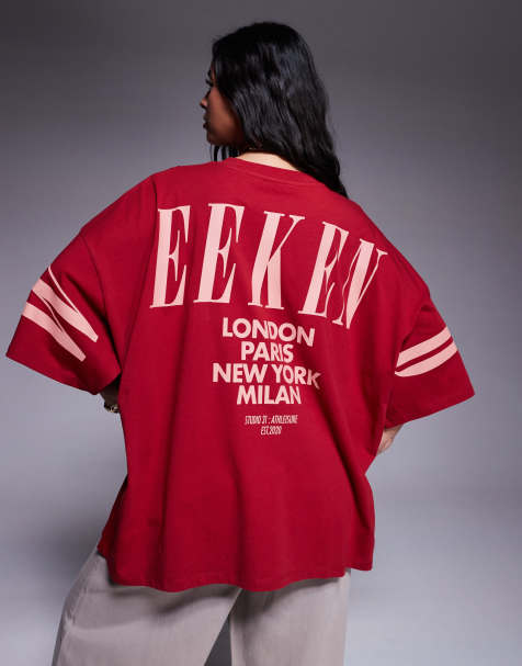 Weekend Collective Curve – Icon – Röd och rosa t-shirt i oversize med staplad logga baktill - view 1