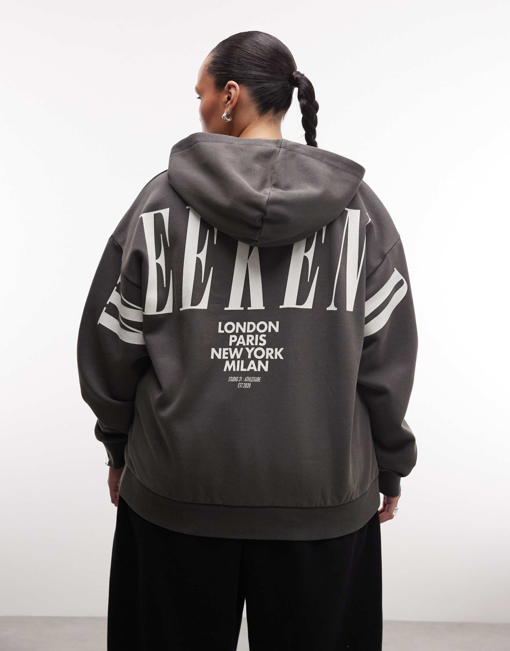 weekend collective curve icon stacked back hoodie in washed charcoal