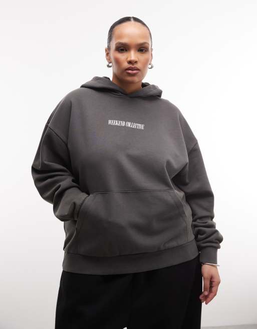 Weekend Collective Curve Icon stacked back hoodie in washed charcoal, 2 of 4