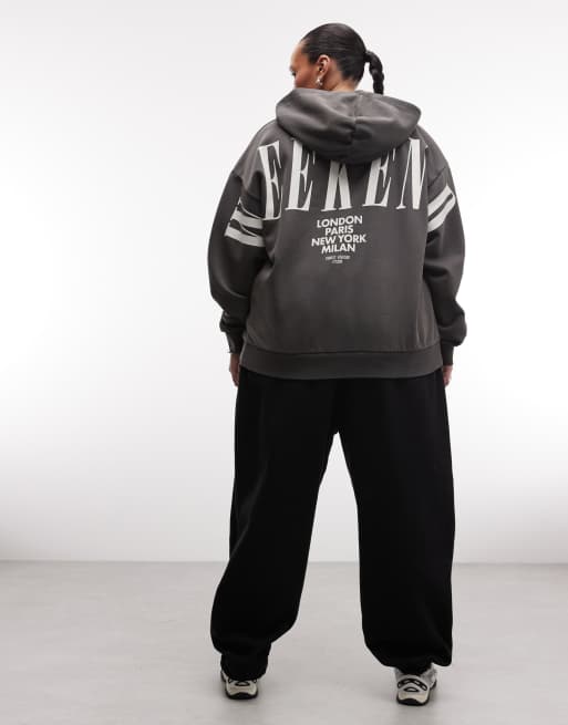 Weekend Collective Curve Icon stacked back hoodie in washed charcoal, 3 of 4