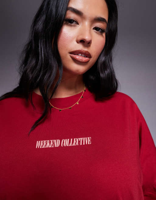 Weekend Collective Curve - Icon - T-shirt oversize rossa e rosa con logo sul retro, 2 di 4