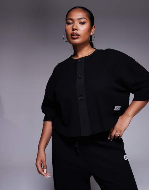 Weekend Collective Curve – Kurzärmlige Strickjacke in Schwarz mit Waffelstruktur und Nylonbesatz, Kombiteil - view 1