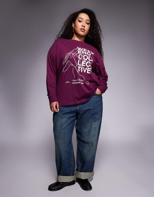 Weekend Collective Curve - Langærmet lilla T-shirt med bjerg- og skiprint, 2 af 4