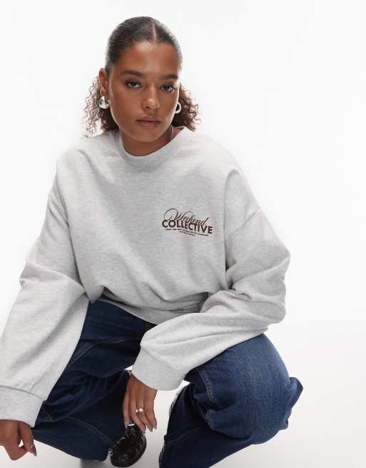 Weekend Collective Curve – Oversize-Sweatshirt in Eisgrau meliert mit Athleisure-Logografik auf der Rückseite, 4 von 4