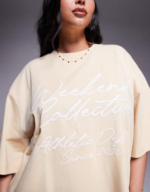 Weekend Collective Curve – Oversize-T-Shirt in Buttermilchgelb mit Kritzel-Logo, 2 von 4