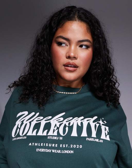 Weekend Collective Curve – Oversize-T-Shirt in Grün mit verschiedenen Schriftzug-Prints, 3 von 4