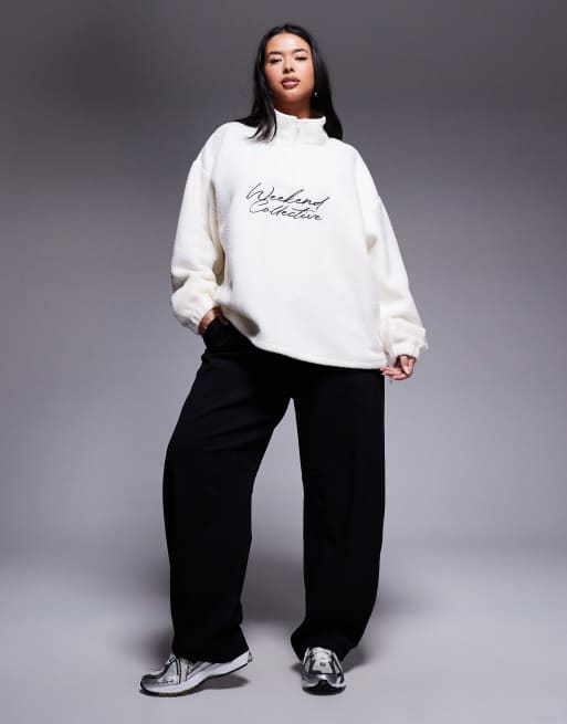 Weekend Collective Curve oversized half zip borg fleece with logo in cream, 2 of 4