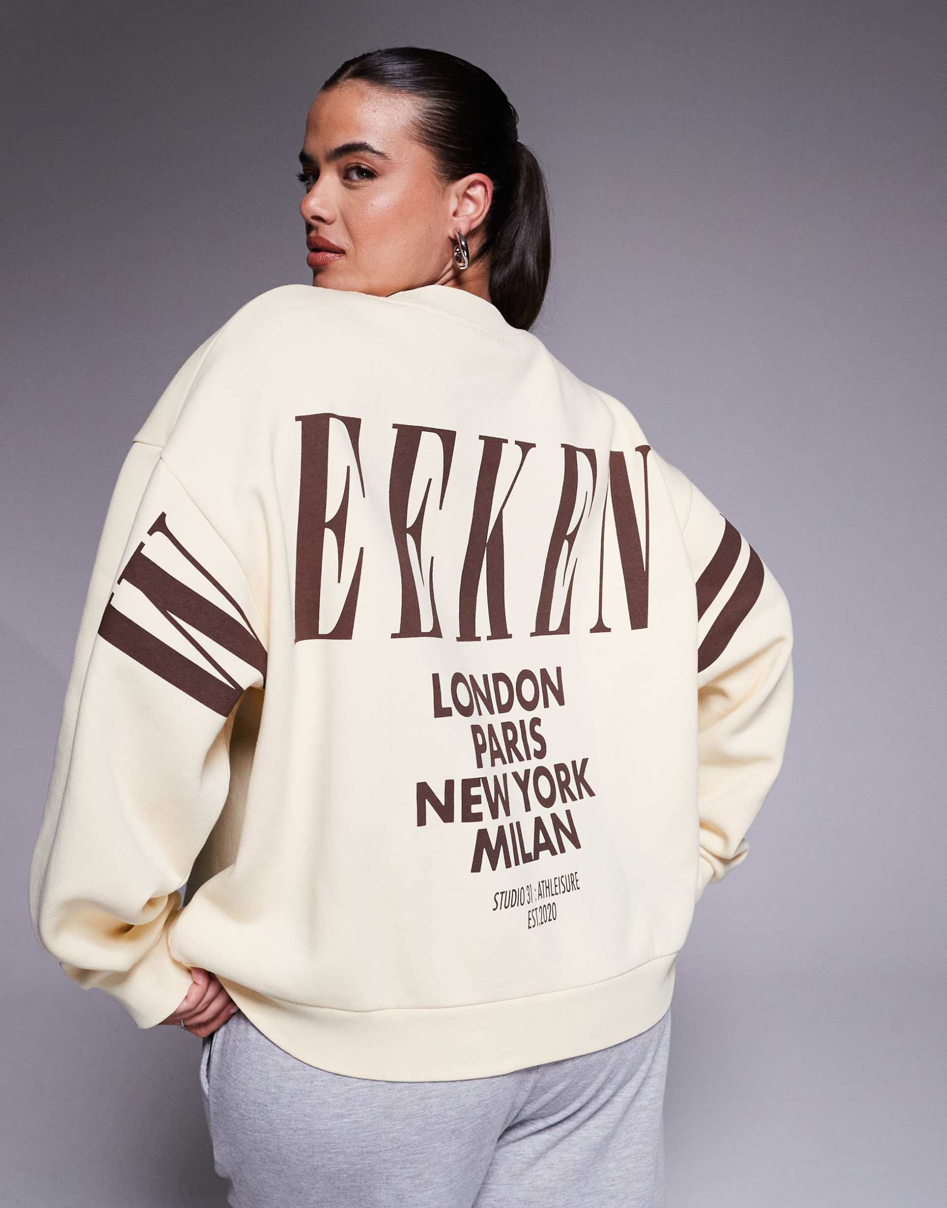 weekend collective curve oversized sweatshirt with stacked back logo in cream and chocolate