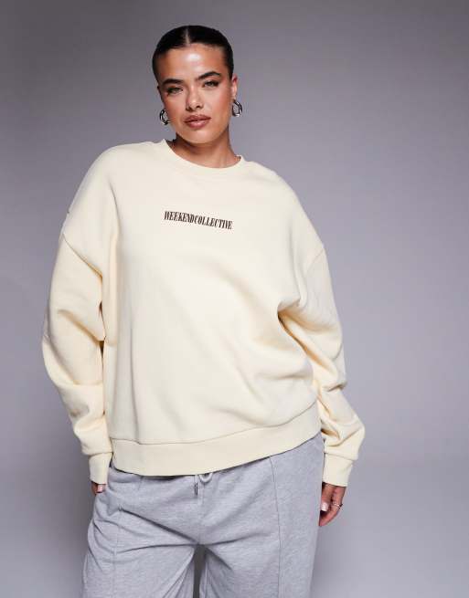 Weekend Collective Curve oversized sweatshirt with stacked back logo in cream and chocolate