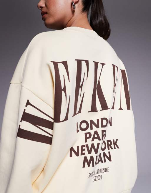Weekend Collective Curve oversized sweatshirt with stacked back logo in cream and chocolate