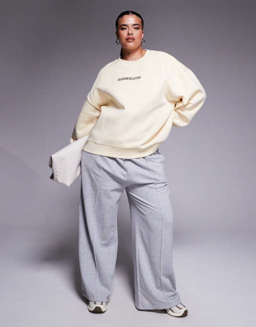 Weekend Collective Curve oversized sweatshirt with stacked back logo in cream and chocolate