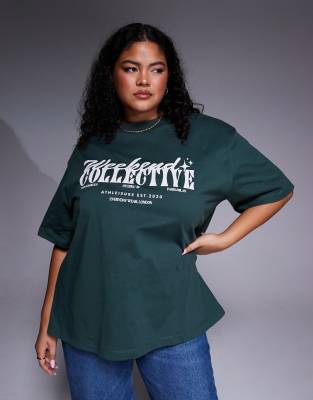 Asos Weekend Collective Weekend Collective Curve Oversized T-shirt With Mixed Font Graphic In Green