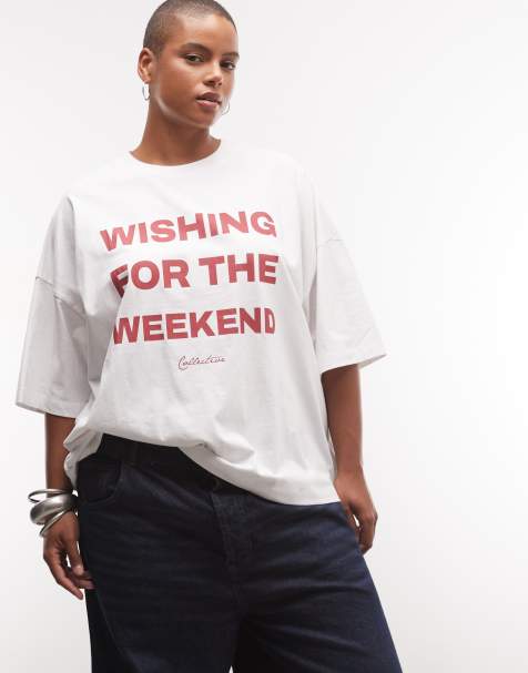 Weekend Collective Curve oversized T-shirt with wishing for the weekend graphic in white and burgundy - view 1