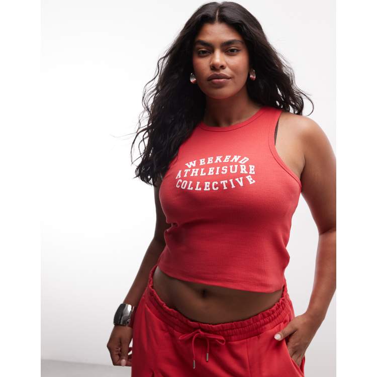 Weekend Collective Curve racer tank top with graphic in coral red