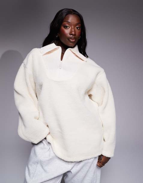 Weekend Collective Curve rib neck zip through borg with embossed back in cream - view 1
