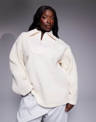 Weekend Collective Curve rib neck zip through fleece with embossed back in cream-White