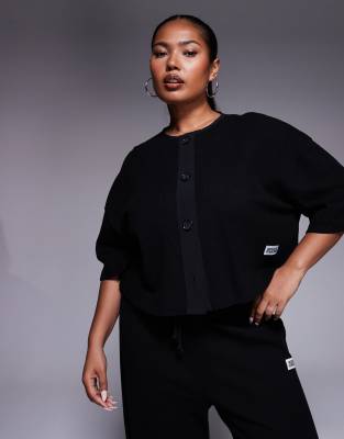 Weekend Collective Curve short sleeve waffle cardigan with nylon trim in black - part of a set