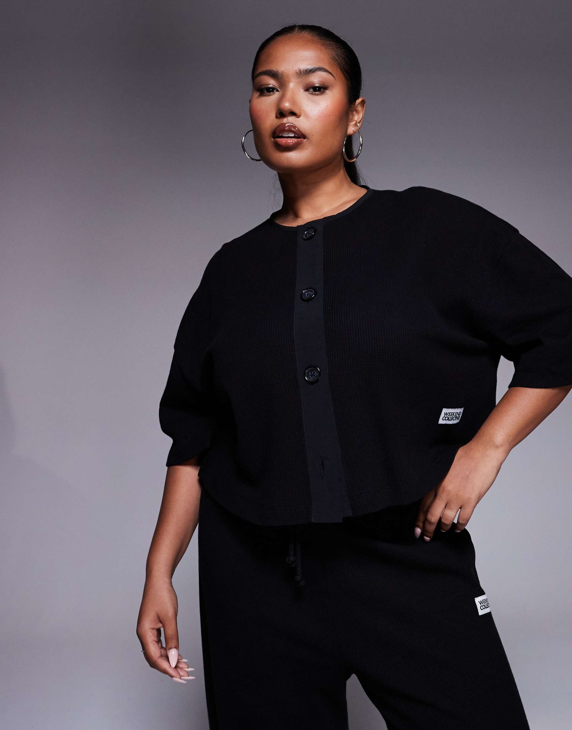 weekend collective curve short sleeve waffle cardigan with nylon trim in black