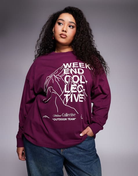 Weekend Collective Curve – Śliwkowy T-shirt z długim rękawem i grafiką z górami i motywem narciarskim - view 1