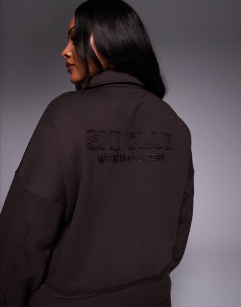 Weekend Collective - Curve - Sweatshirt van zware stof met Ski Club-graphic in chocoladebruin, deel van co-ord set - view 1