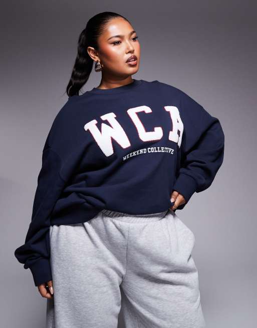 Weekend Collective Curve sweatshirt with varsity logo in navy
