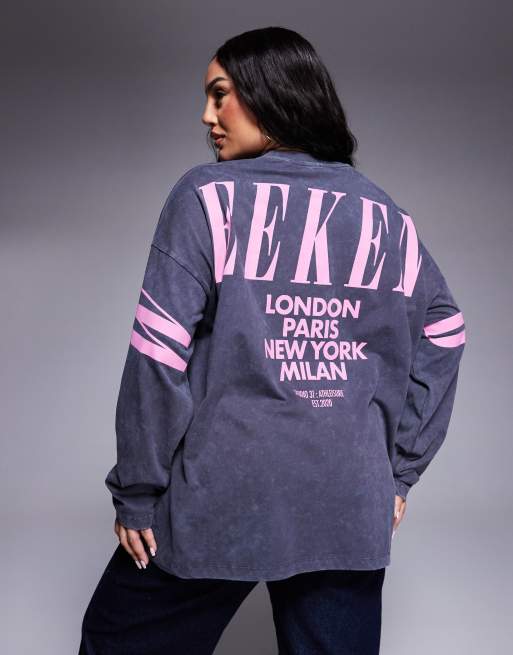 Weekend Collective Curve - Top a maniche lunghe oversize grigio slavato e rosa con logo sul retro