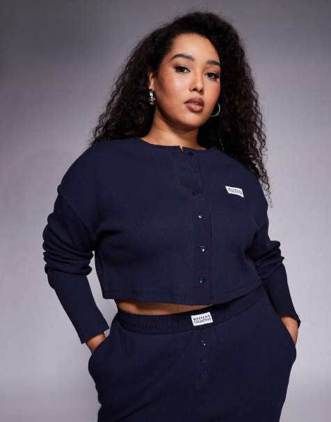 Weekend Collective Curve co-ord waffle button top with nylon in navy