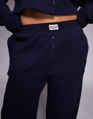 Asos Weekend Collective Weekend Collective Curve Waffle Wide Leg Sweatpants With Nylon Detail In Blue