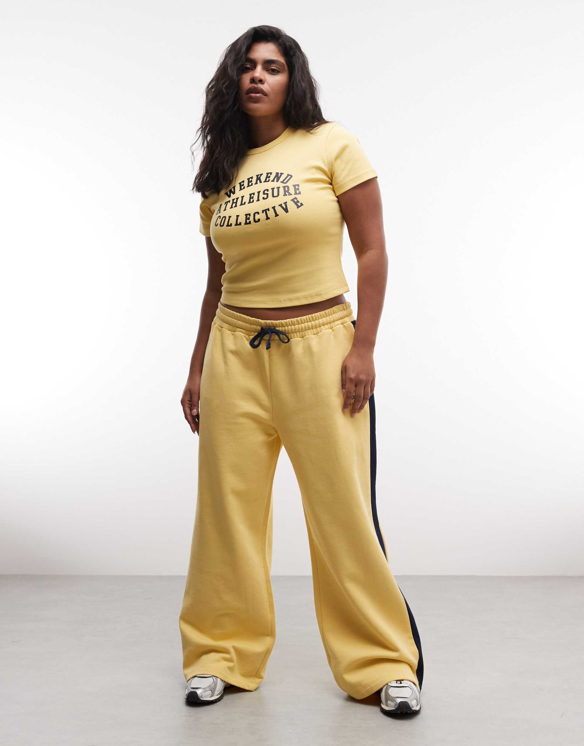weekend collective curve wide leg sweatpants with contrast stripe in yellow - part of a set