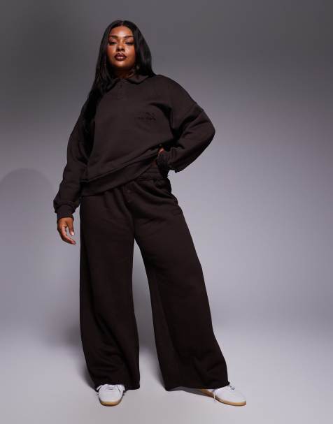 Weekend Collective Curve wide leg sweatpants with ski club graphic in chocolate - part of a set - view 1