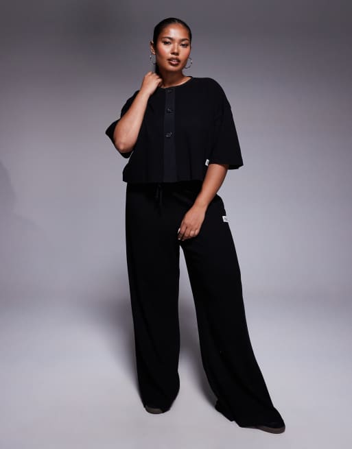 Weekend Collective Curve wide leg waffle pants with nylon trim in black