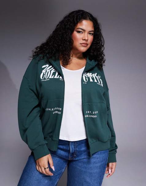 Weekend Collective Curve zip through hoodie with mixed font graphic in green - view 1