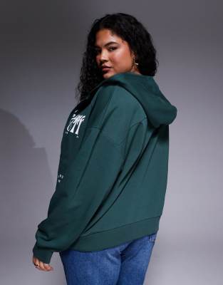 Asos Weekend Collective Weekend Collective Curve Zip Through Hoodie With Mixed Font Graphic In Green