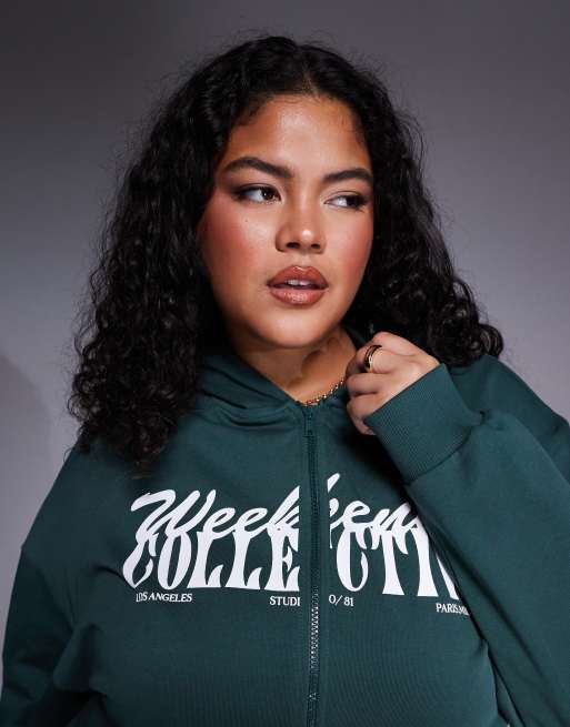 Weekend Collective Curve zip through hoodie with mixed font graphic in green, 3 of 4