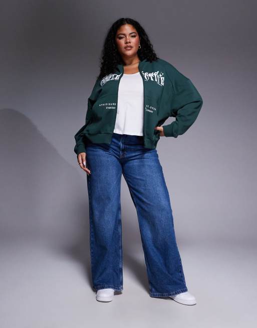Weekend Collective Curve zip through hoodie with mixed font graphic in green, 4 of 4