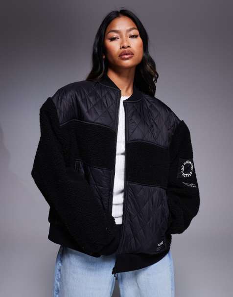 Weekend Collective borg zip through bomber jacket with nylon detail in black