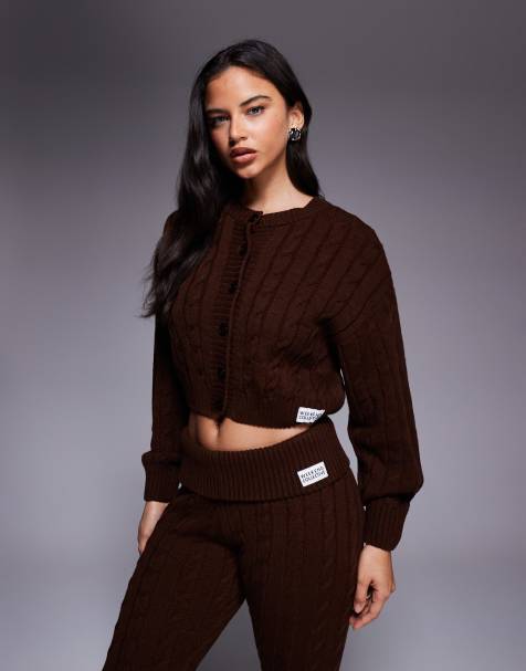 Weekend Collective cable knit cropped cardigan in chocolate
