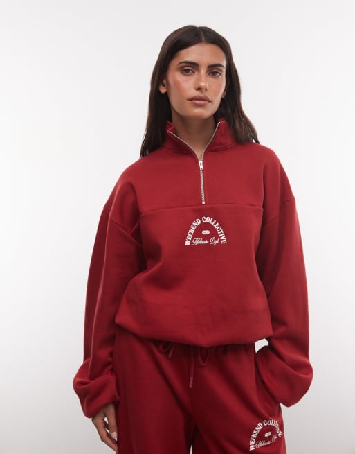Weekend Collective ensemble 1/2 zip sweat-shirt à col cheminée avec motif rouge, 3 de 4