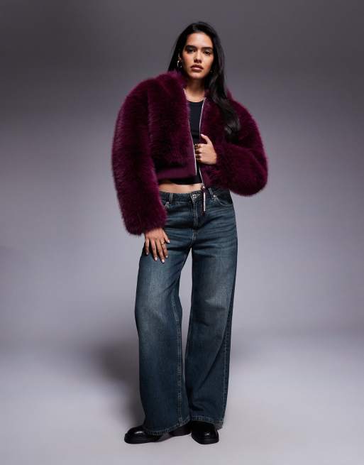 Weekend Collective faux fur cropped coat in plum