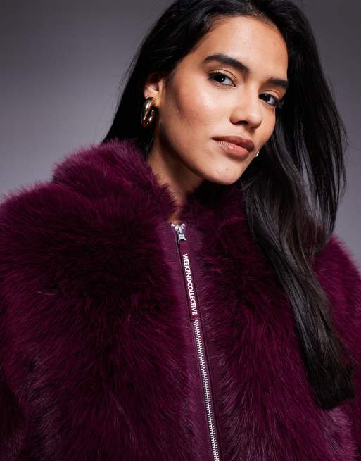 Weekend Collective faux fur cropped coat in plum | ASOS
