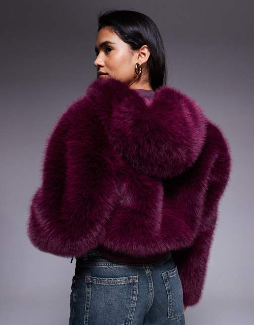 Weekend Collective faux fur cropped coat in plum