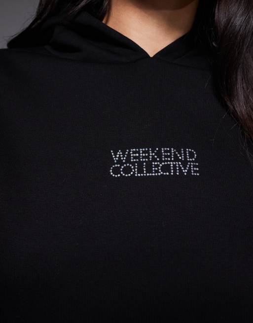 Weekend Collective - Felpa con cappuccio nera con grafica con strass applicati a caldo, 3 di 4