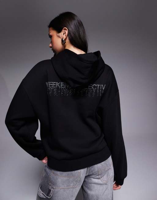Weekend Collective - Felpa con cappuccio nera con grafica con strass applicati a caldo, 4 di 4