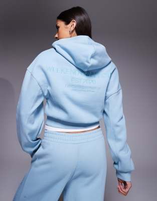 Weekend Collective - Felpa con cappuccio pesante blu polvere con pannelli a coste e zip in coordinato