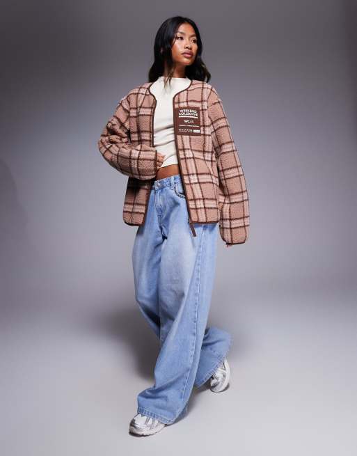 Weekend Collective - Felpa in pile borg rosa a quadri con zip, 3 di 4